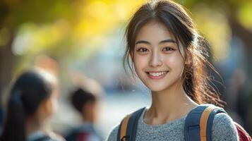 Joyful young woman smiling with nature background urban environment portrait photography bright daylight photo