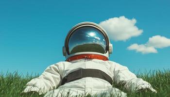 Astronaut gazing at clouds in a green field surreal background outdoor scene relaxing perspective photo