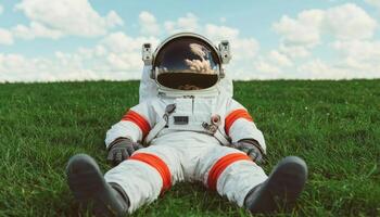 Astronaut relaxing on green grass field outdoor landscape unique background dreamy sky view photo
