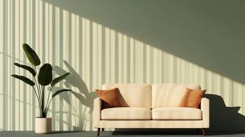 Modern sofa in minimalist living room soft lighting background contemporary interior design relaxing atmosphere photo