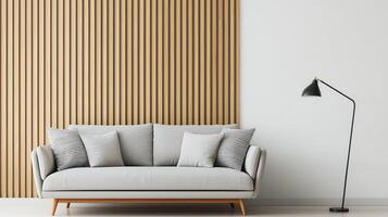 Modern living room design with sofa stylish lamp neutral background minimalist environment inviting viewpoint photo