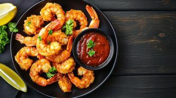 Delicious shrimp platter with spicy sauce restaurant table setting food background gourmet cuisine close-up view photo
