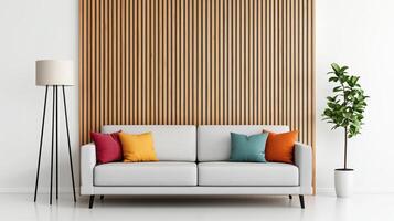 Modern living room with stylish sofa against wooden background in minimalist home environment photo
