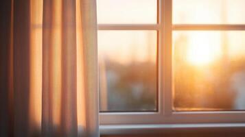 Sunset reflection through curtain cozy room photography warm background soft lighting photo