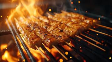 Grilling skewered chicken over flames outdoor bbq food photography night setting close-up flavorful background photo