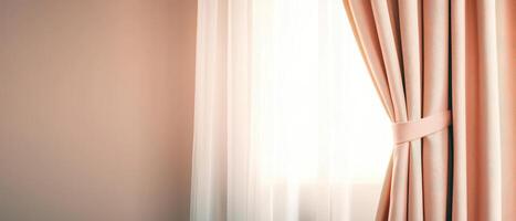 Sunlight filtering through sheer curtains cozy room soft background warm atmosphere minimalist design photo