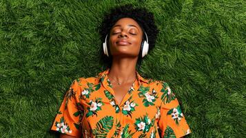 Relaxing woman listening to music on grass background outdoor lifestyle close-up view serenity concept photo