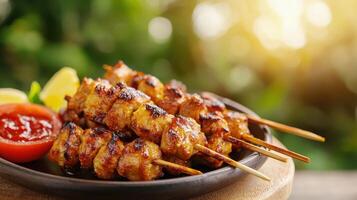 Grilled chicken skewers delight outdoor picnic food photography lush green background close-up view culinary concept photo