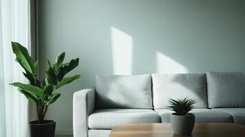 Cozy modern living room with indoor plants minimalist design bright background natural light serene atmosphere photo