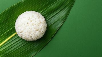 Creative sushi presentation rice ball on leaf culinary art background green environment close-up view photo
