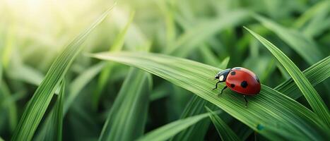 Ladybug observing nature's beauty on green grass close-up serene background vibrant environment photo