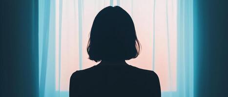 Contemplative figure against sheer curtain indoor nature background emotional content serene environment silhouette viewpoint photo
