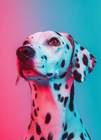 Vivid dalmatian dog portrait studio setting animal photography colorful background nature elements close-up view photo