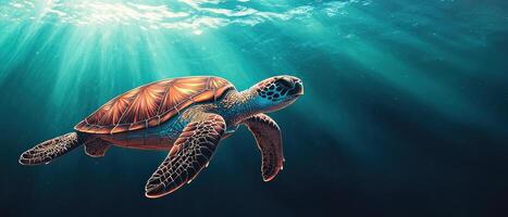 Swimming turtle in crystal clear water underwater nature background serene marine environment photo