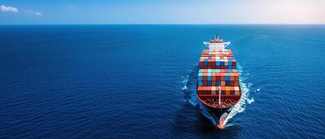 Cargo ship navigating open waters ocean background nature elements aerial view maritime concept photo