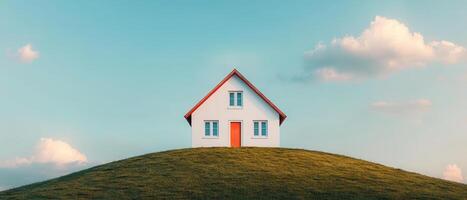 Charming white house on green hill nature background serene landscape tranquil environment captivating viewpoint photo