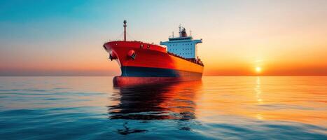 Sunset cargo ship in tranquil waters coastal nature background serene ocean view maritime concept photo