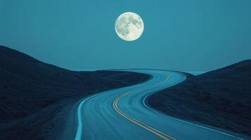 Winding road under full moon nature landscape nighttime background serene viewpoint for tranquil concepts photo
