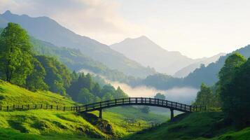 Tranquil nature scene with bridge in lush green background mountain landscape early morning peaceful atmosphere photo