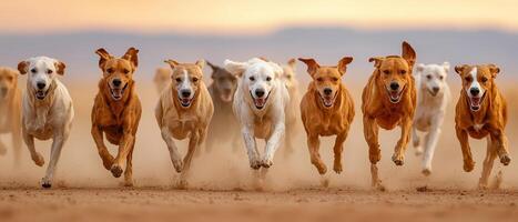 Dogs running in nature at sunset outdoor action scene with background elements dynamic animal content photo