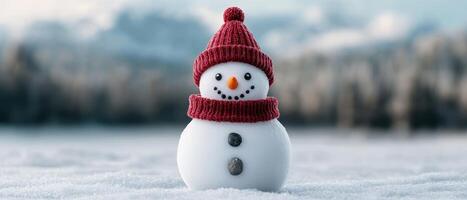 Snowman in nature background winter wonderland cute content outdoor scene cheerful viewpoint playful concept photo