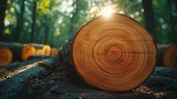 Sunlit tree log in nature background forest setting wood content tranquil environment close-up view photo