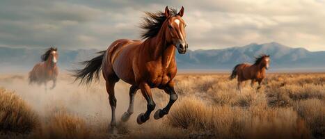 Galloping horses in nature's background vast landscape action scene majestic viewpoint photo