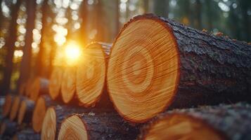 Wood logs stacked in nature background forest location nature photography sunset environment close-up view photo