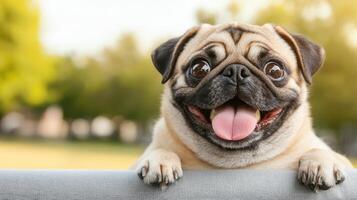 Joyful pug playing in nature background happy pet photography outdoor environment close-up view photo