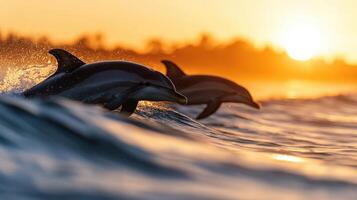 Dolphins jumping at sunset ocean waves nature background serene environment captivating viewpoint photo