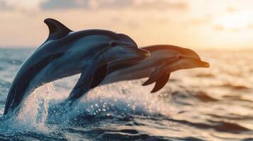 Dolphins leaping in nature's background at sunset ocean action scene serene environment vibrant viewpoint photo