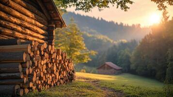 Woodpile and cabin in nature background at sunrise tranquil landscape photography serene environment photo