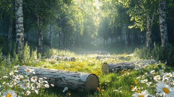 Tranquil nature scene with fallen logs lush green forest background peaceful environment serene light photo