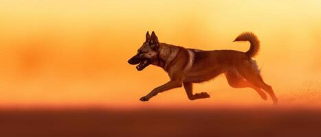 Dog running in nature's background at sunset dynamic action shot outdoor environment captivating view photo