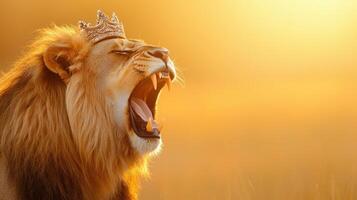 Majestic lion roaring in nature's golden background animal portrait vibrant environment captivating viewpoint photo