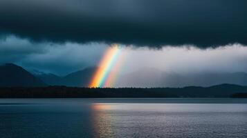 Nature's vibrant rainbow over calm waters dramatic sky serene landscape outdoor adventure scenic background photo