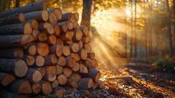 Sunlit logs in nature's background a serene forest scene outdoor photography tranquil environment photo
