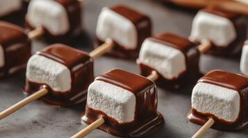 Delicious chocolate-covered marshmallow sticks outdoor picnic food photography nature background close-up concept photo