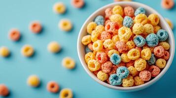 Colorful cereal bowl on blue background nature-inspired food photography cheerful environment top view photo