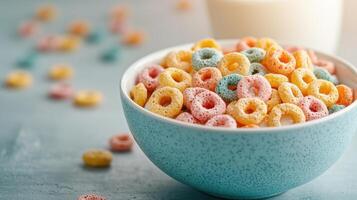 Colorful breakfast cereal with milk in a vibrant kitchen background nature-inspired environment overhead view photo