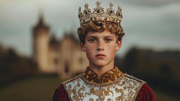 Royalty action portrait of young king castle background nature setting dramatic viewpoint concept photo