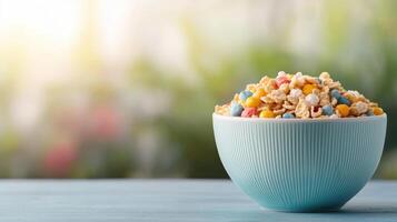 Delicious colorful cereal bowl in natural background vibrant outdoor setting food photography nature and lifestyle photo