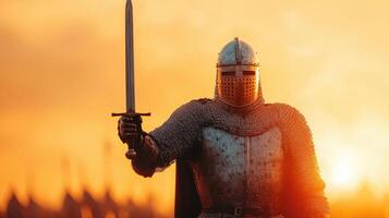 Heroic knight in nature background at sunset action scene dramatic environment epic viewpoint photo