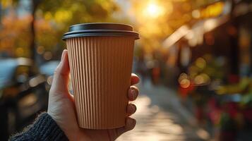 Enjoying coffee in nature's background urban setting outdoor scene golden hour peaceful atmosphere photo