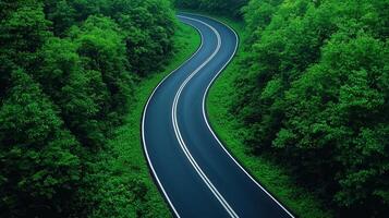 Winding road journey through lush green nature background serene landscape aerial view tranquility concept photo