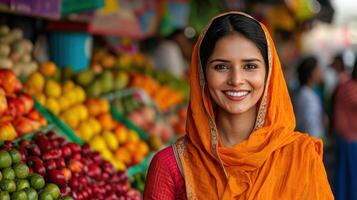 Vibrant market scene with smiling woman colorful fruits nature background urban setting lively atmosphere photo