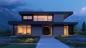 Modern house in nature's background at dusk architectural design serene environment contemporary viewpoint photo