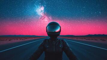 Motorcycle adventure under starry night sky desert landscape nature background action shot vivid colors photo