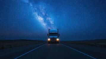 Truck on open road under starry sky nature background nighttime adventure scenic environment captivating view photo