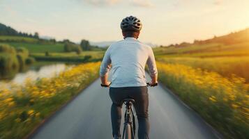 Cycling adventure in nature's background scenic landscape autumn evening peaceful environment inspirational viewpoint photo
